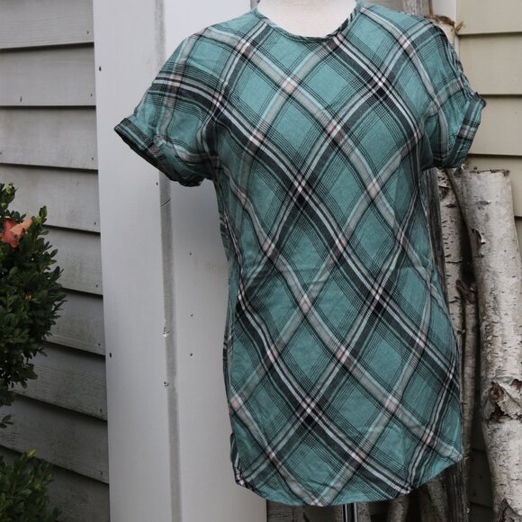 J Jill Teal Black White Plaid Flannel Cuffed Short Sleeve Button Back Top Sz S - Picture 1 of 8